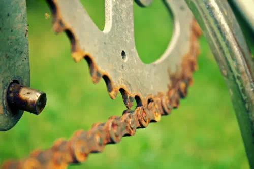 Corroded bicycle components showing rust damage